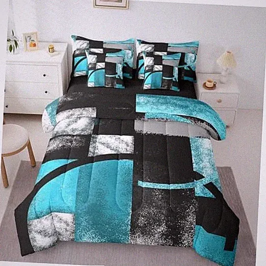 Abstract Turquoise and Black 7 PCS Bed in a Bag Set Size, Grunge King Multi 18