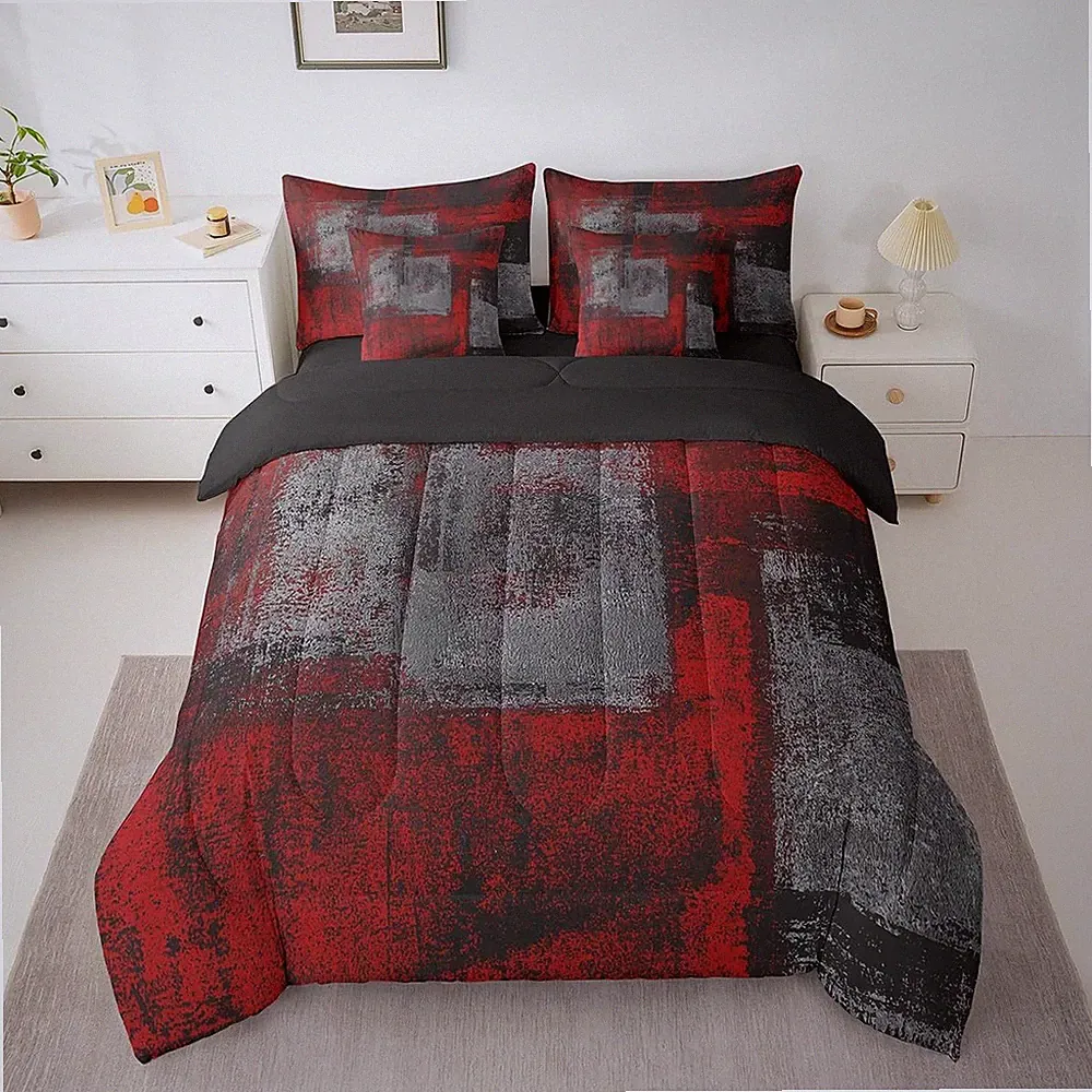 Grunge Ombre 7-Piece Queen Comforter Set in Red, Black & Grey for Teens